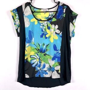 Dress‎ Barn Bold Bright Floral Mixed Media Cap Sleeves Top Medium